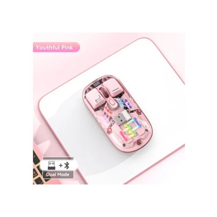 Mouse RGB transparent reincarcabil 2.4G/Bluetooth, roz, Gertiz