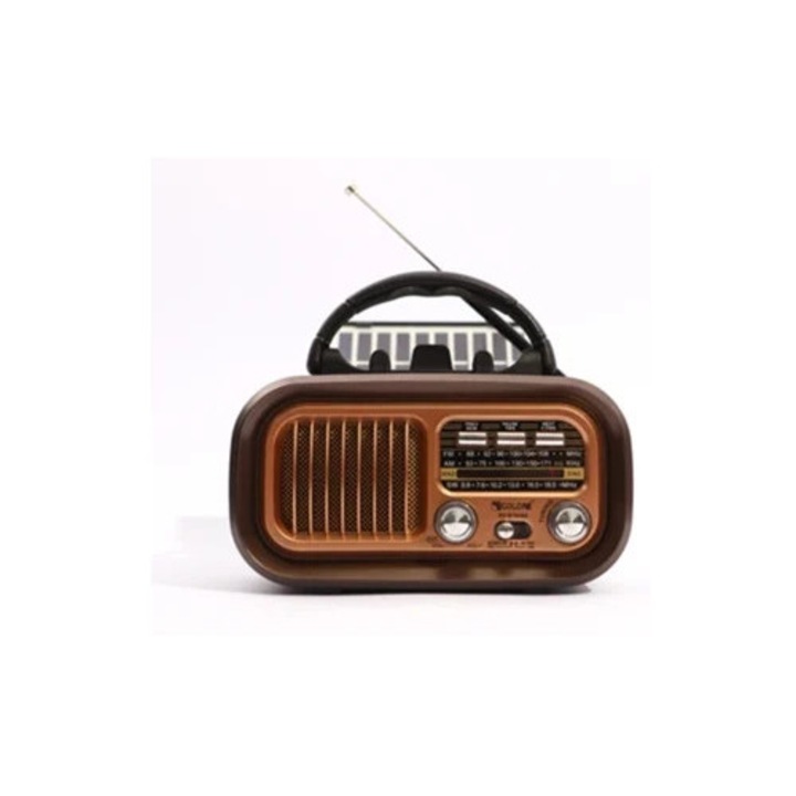 Radio portabil vintage cu aspect retro, AM FM, tehnologie Bluetooth, alimentare solara