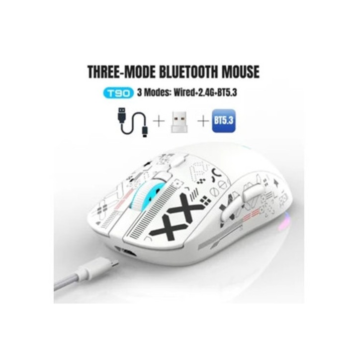 Mouse de gaming Gertiz 2.4G/Bluetooth/Wired, iluminare RGB, alb
