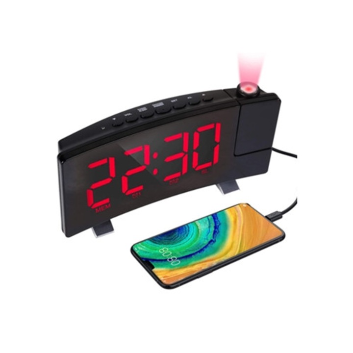 Digitális asztali óra projekcióval, 4 fényerősség, USB töltő, 180°-ban forgatható projektor