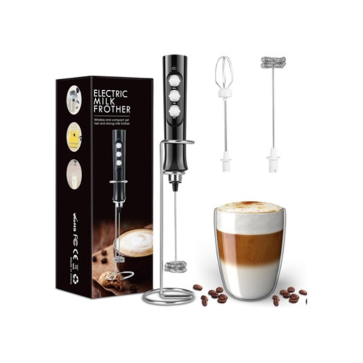 Mixer de lapte portabil, electric, cu suport de perete, negru