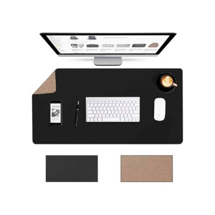 Mousepad alternativ, 80x40 cm, dublu fata, pluta si piele vegana, baza antiderapanta, impermeabil