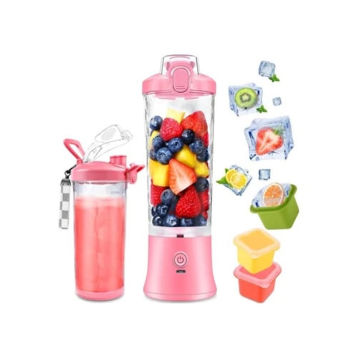 Blender portabil pentru shake-uri si smoothie-uri, cu recipient de calatorie albastru, set