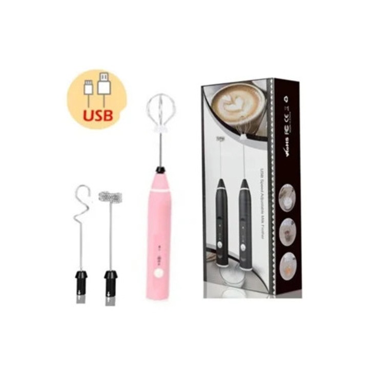 Dispozitiv spumare lapte, 3 Trepte viteza, USB, Roz