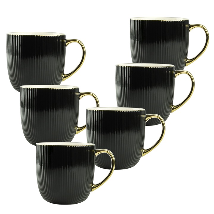 Set 6 cesti portelan Festa Italia, negru cu maner auriu, 400 ml, suprafata texturata
