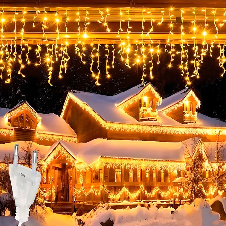 SIKS Jégcsap/Frojt Karácsonyi Fényfüzér, 12 Méter, 300 LED, Házhoz / Kerthez / Kerítéshez, 8 Fényjátékkal, Flash Hatással, Folyó Rojtokkal, Kültéri/Beltéri, Átlátszó Kábel, Összekapcsolható, Vízálló, Meleg Fehér