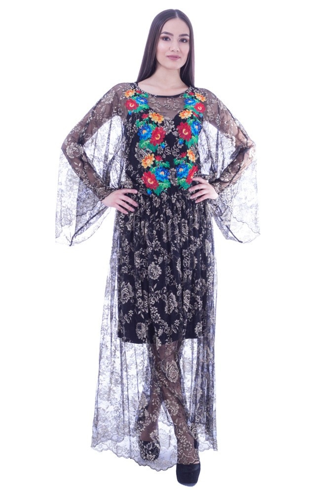 Rochie dantela brodata negru/auriu Liza Panait R-1542E