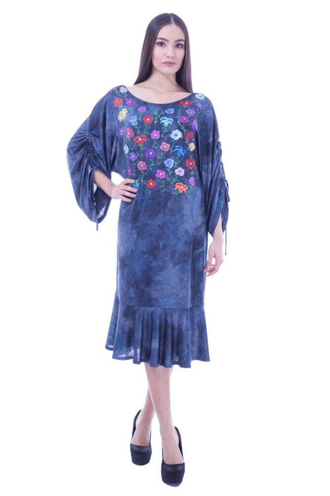Rochie albastra din jerse, pictata manual Liza Panait C-2932E