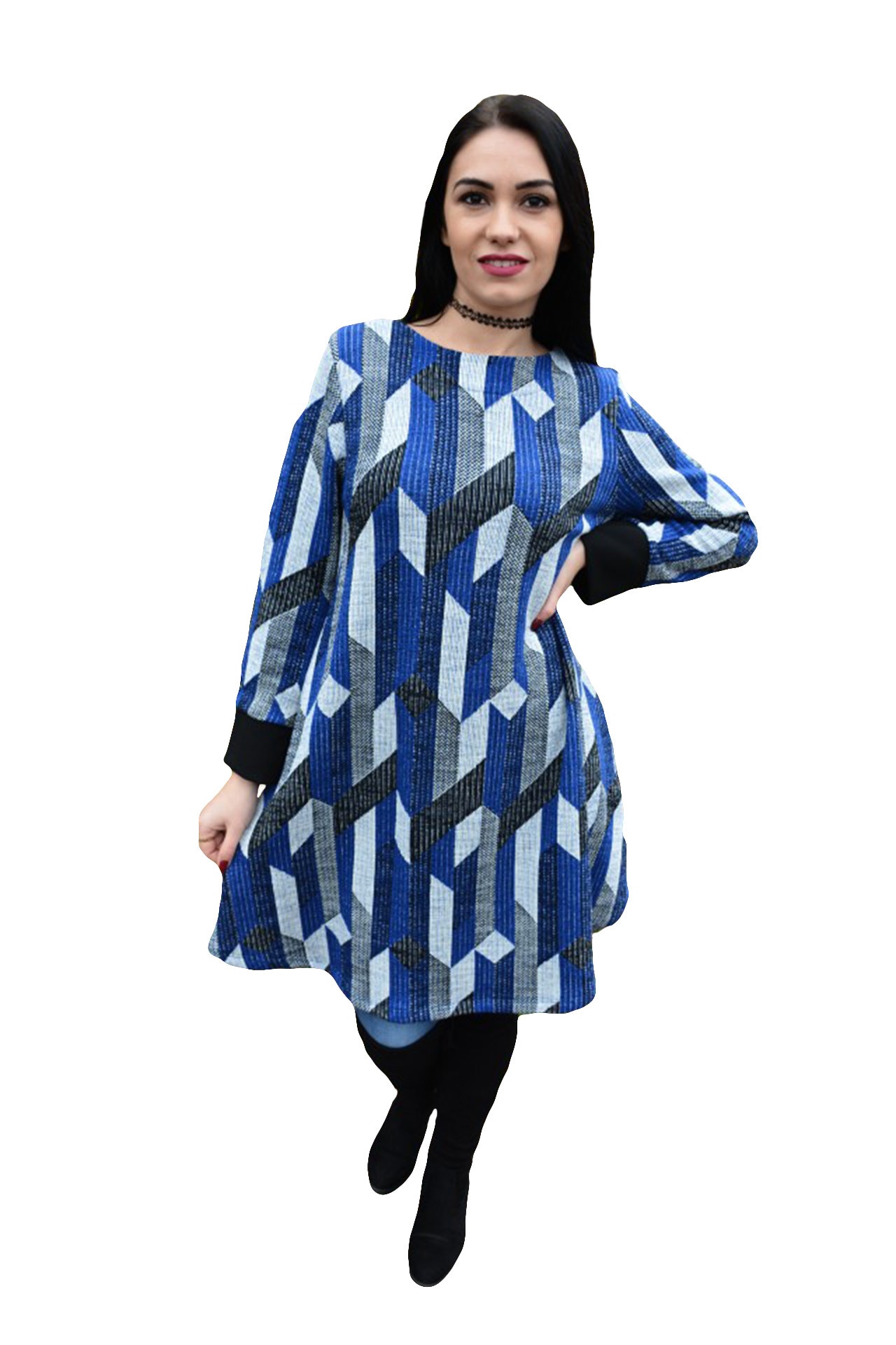 Rochie comoda cu maneca lunga si croi cu aspect evazat , D&J Exclusive, Albastru