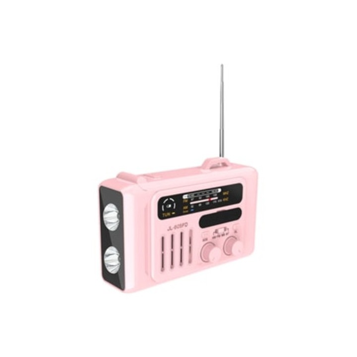 Radio de urgenta solar cu manivela, NOAA/AM/FM, lanterna LED, alarma SOS, busola, roz