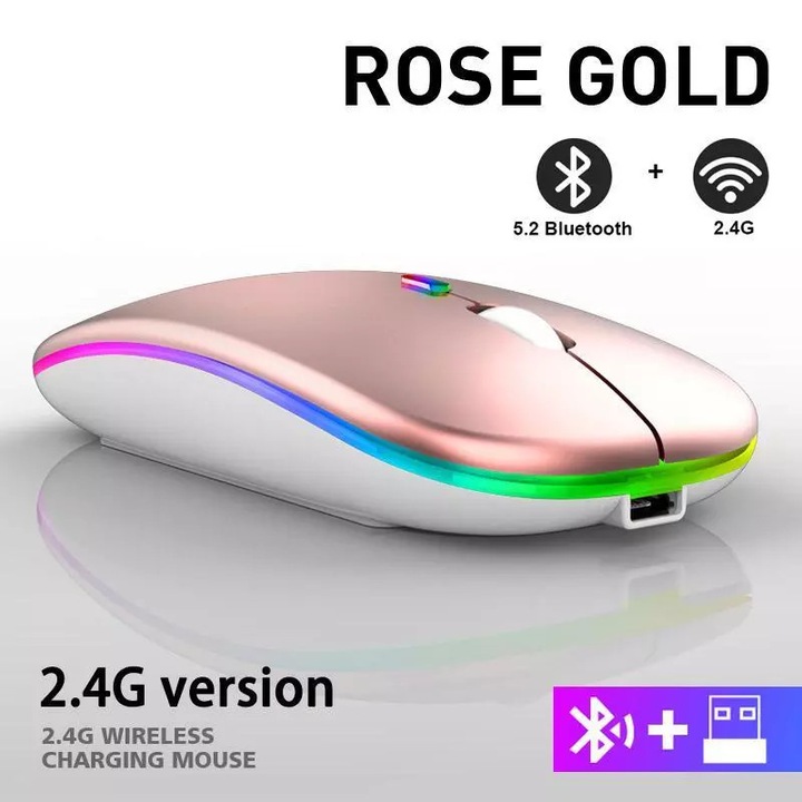 Mouse wireless ultra-subtire RGB, 2.4GHz, reincarcabil, design ergonomic, roz auriu
