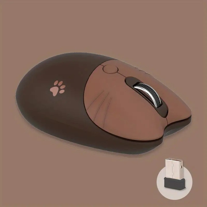 Egér vezeték nélküli kettős mód 2.4Ghz, Gusshious, macska design, kávé szín