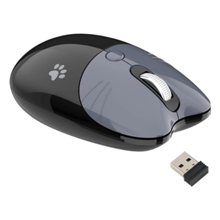 Mouse wireless Lurelia Cat BT5.1 2.4GHz dual mode portabil, gri si negru