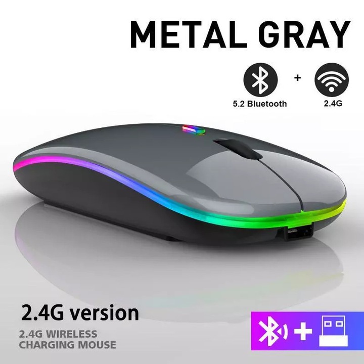 Mouse wireless ultra-subtire RGB, 2.4GHz, design ergonomic, gri