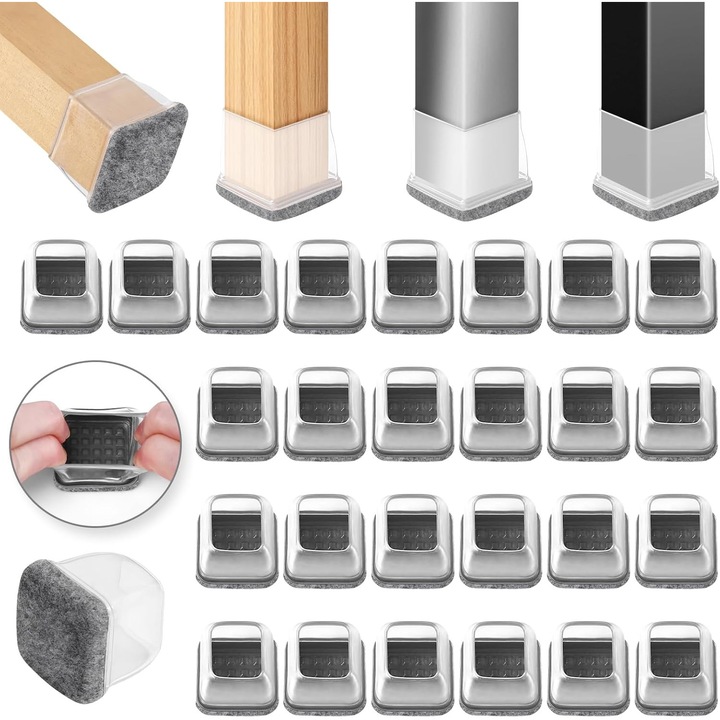 Set 32 db bútor-, szék lábvédő, szilikon, karcolásgátló, zajcsökkentő, 13 x 20 mm, újrafelhasználható, átlátszó