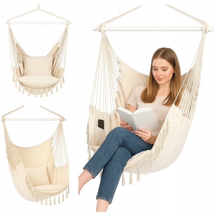 Hamac Brazilian Cu Perne, Expandabil, Material Stofa, Capacitate Maxima 150 Kg, Buzunar Practic Pentru Carte, Telefon Sau Ochelari, Corde Solide, Impletite, Care Asigura Stabilitate Si Siguranta, 100 Cm X 100 Cm X 130 Cm X 65 Cm, Bej