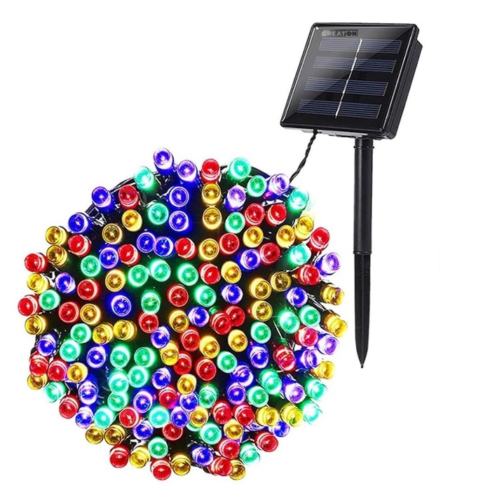 Instalație solară liniară de Crăciun GREATON, 10 m, 100 LED, 8 jocuri de lumini, fir verde închis, exterior, alimentare solară, panou solar și țarșu inclus, lumină multicolor