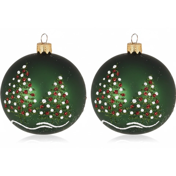 Set 2 globuri de Craciun H&L din sticla cu motive de conifere, verde, 8 cm