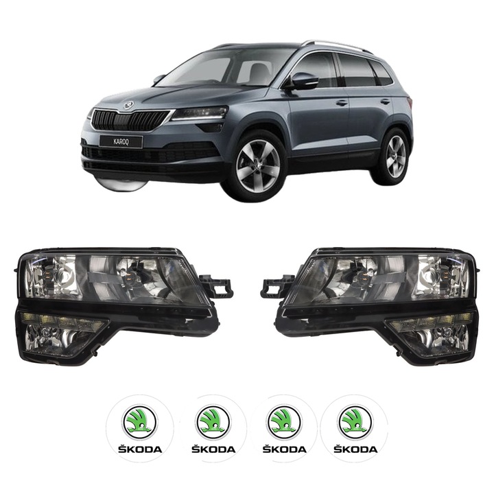 Set Faruri Stanga Dreapta Fata SKODA KAROQ (NU7, ND7) din 2017-2020, Auto, DEPO, 4x Stickere auto cu SKODA