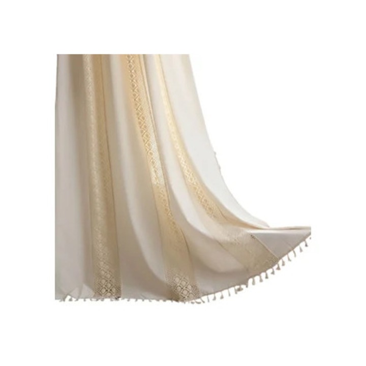 Бохемска завеса за бистро с пискюли, бежова, къса завеса от памук и лен, винтидж рустик стил