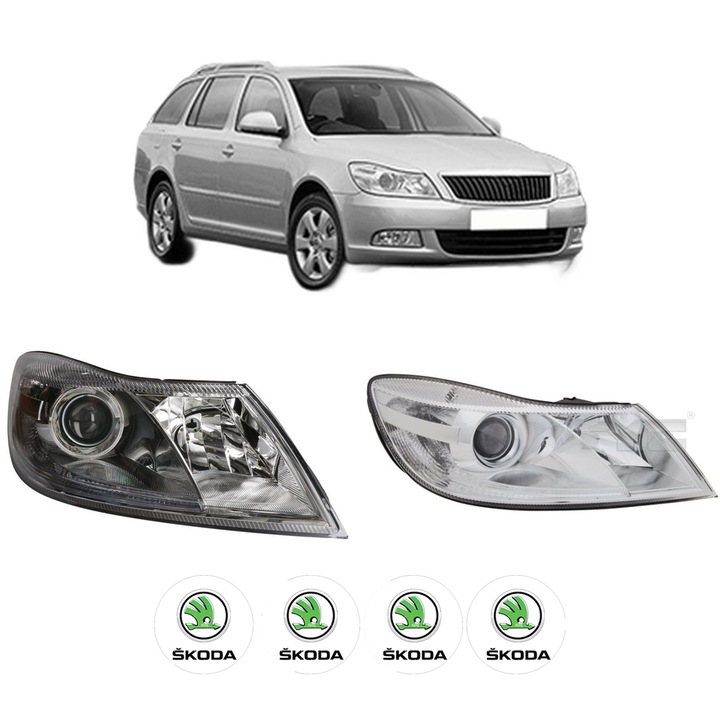Set Faruri Stanga Dreapta Fata SKODA OCTAVIA II Combi (1Z5) din 2004-2013, Auto, TYC, 4x Stickere auto cu SKODA