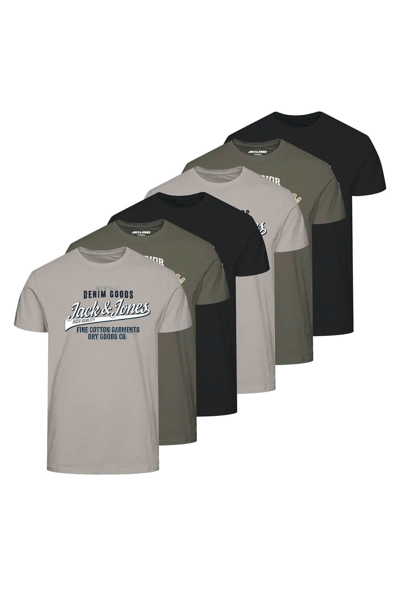 Jack & Jones, Set de tricouri din bumbac cu logo vintage JJETHAN - 6 piese, Verde, Negru, Gri, S