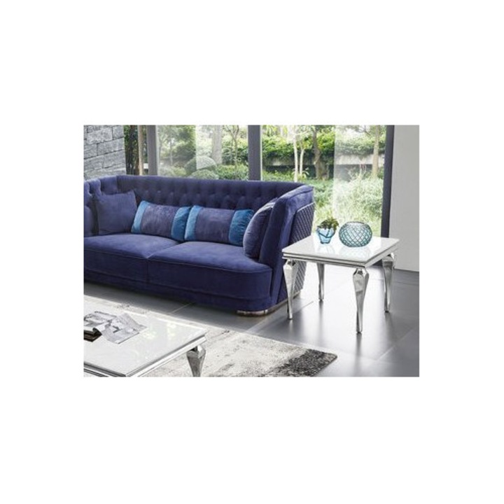 Masa de cafea Euro-Home, cu blat din sticla alba, 60x60x55 cm, din otel inoxidabil argintiu