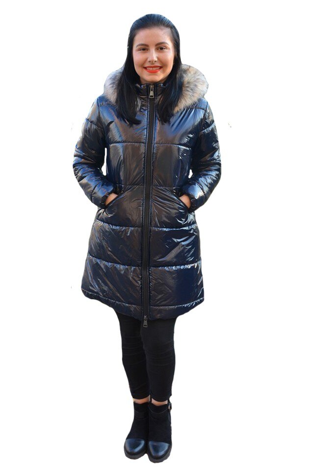 Jacheta Vera casual ,lunga cu aspect lucios ,D&J Exclusive, Bleumarin