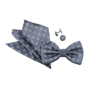 Set papion batista butoni, Onore, gri si argintiu, imprimeu geometric Set papion batista butoni, Onore, gri si argintiu, imprimeu geometric