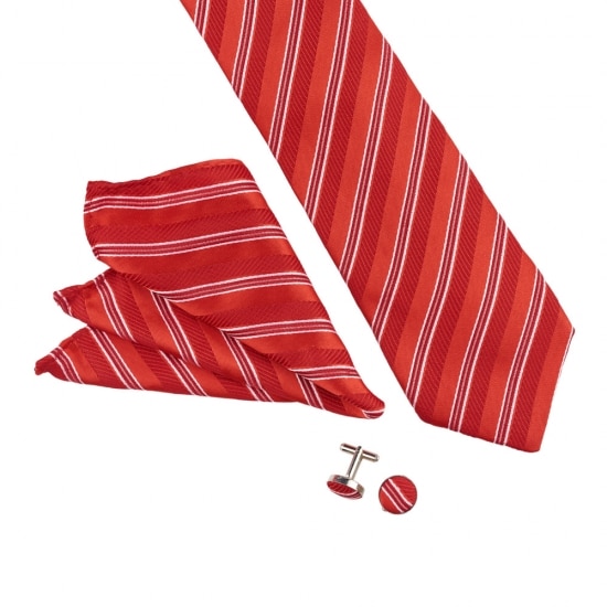 Set cravata lata, batista si butoni, rosu, Onore, imprimeu liniar alb