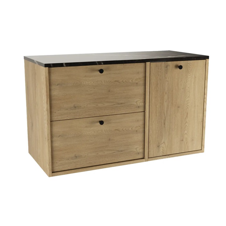 Dulap pentru lavoar Wena Meble, cu cos de rufe, fronturi netede Belino, 100x60x47 cm, Stejar Cremona/Marmura negru