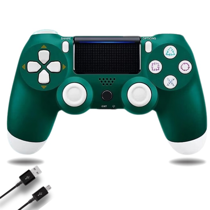 Безжичен контролер, PS4, PS-TV и PS Now, Touch-SCR, Double Shock 4, съвместим с лаптоп, пад, телефон, HJ-07, интензивни вибрации, включен кабел за зареждане, зелен, LuckyLu®