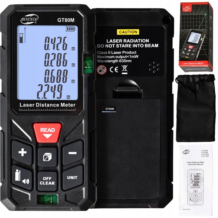 Digitális lézeres távolságmérő zöld lézerrel, Benetech 80 méteres LCD kijelzővel és akkumulátorokkal