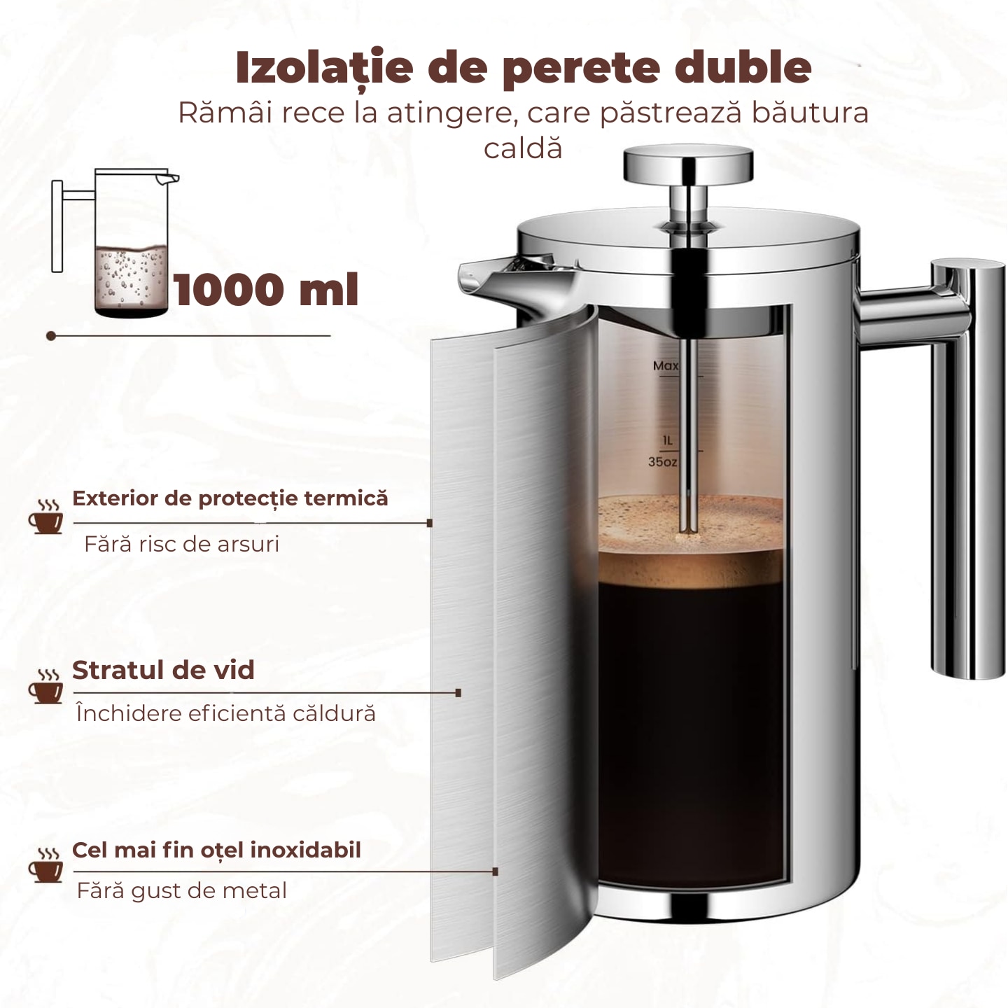 Cafetiera French Press din Otel Inoxidabil, 1000ml, Izolata cu Perete Dublu - pentru Cafea si Ceai, Filtru 3 Straturi cu 4 Filtre Aditionale si Lingurita, Design Durabil pentru Outdoor, Birou si Casa