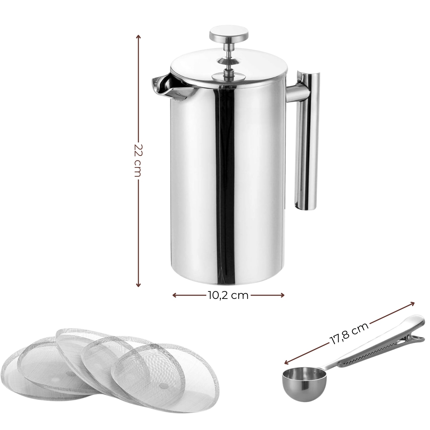 Cafetiera French Press din Otel Inoxidabil, 1000ml, Izolata cu Perete Dublu - pentru Cafea si Ceai, Filtru 3 Straturi cu 4 Filtre Aditionale si Lingurita, Design Durabil pentru Outdoor, Birou si Casa