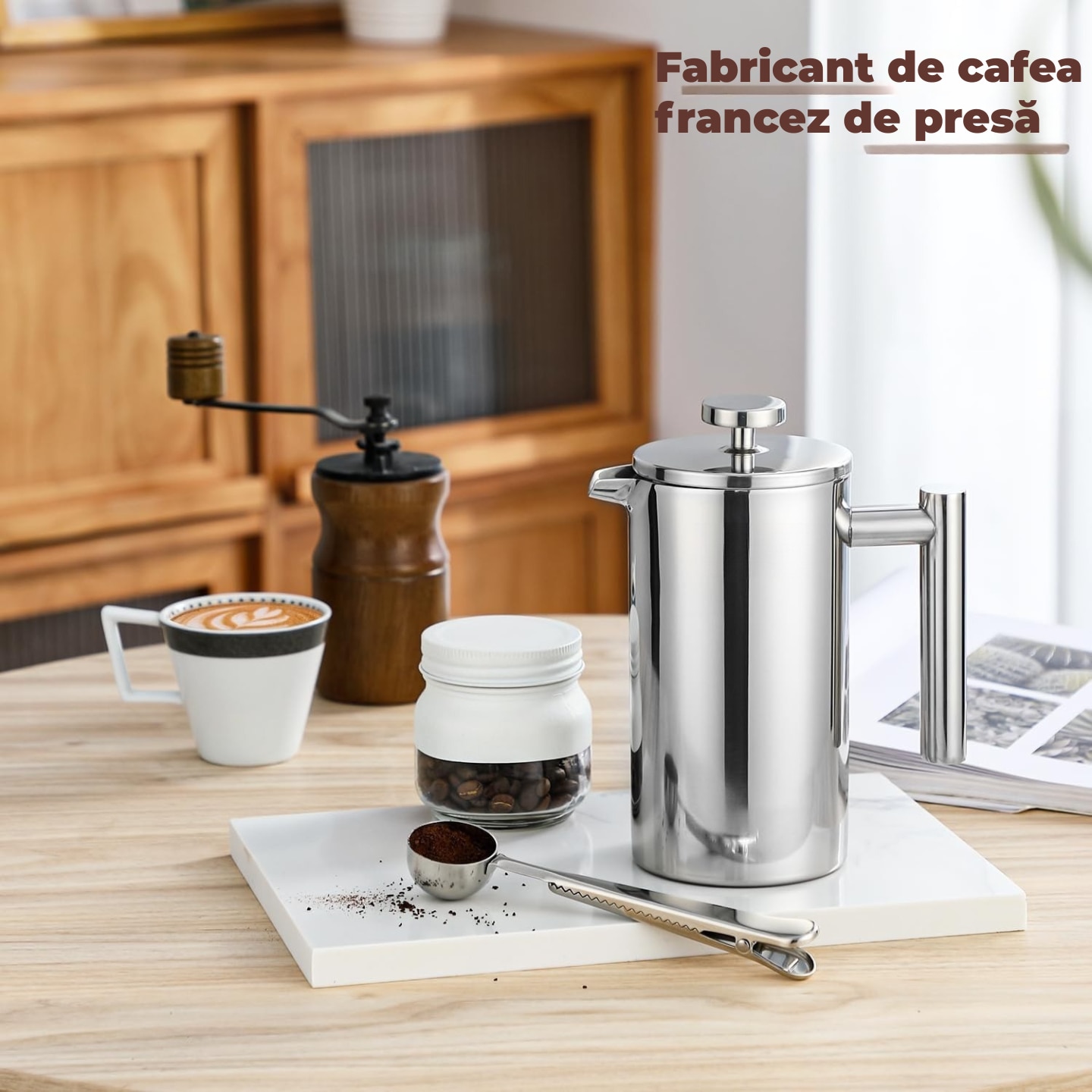 Cafetiera French Press din Otel Inoxidabil, 1000ml, Izolata cu Perete Dublu - pentru Cafea si Ceai, Filtru 3 Straturi cu 4 Filtre Aditionale si Lingurita, Design Durabil pentru Outdoor, Birou si Casa