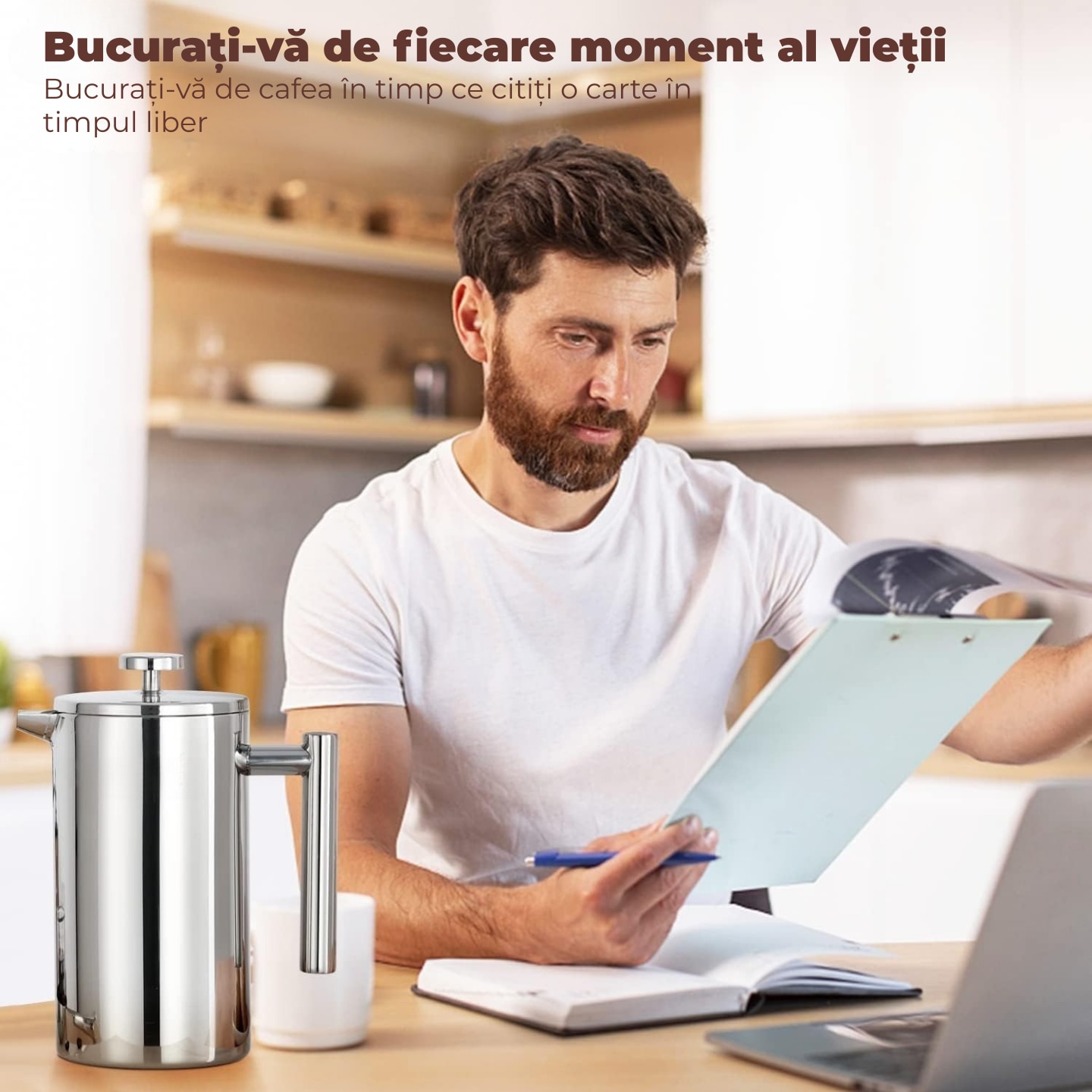 Cafetiera French Press din Otel Inoxidabil, 1000ml, Izolata cu Perete Dublu - pentru Cafea si Ceai, Filtru 3 Straturi cu 4 Filtre Aditionale si Lingurita, Design Durabil pentru Outdoor, Birou si Casa