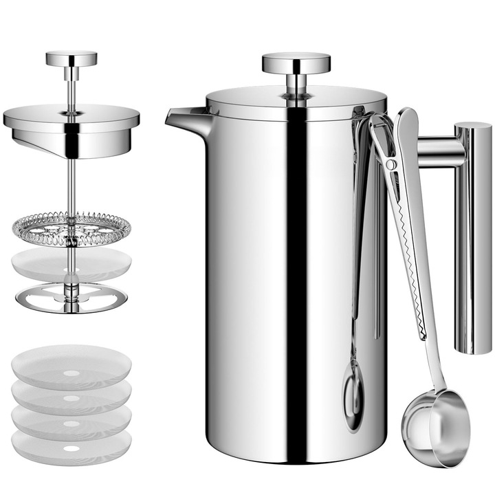 Кафемашина French Press от неръждаема стомана, 1000 мл, двойна стена, изолирана - за кафе и чай, 3-слоен филтър с 4 допълнителни филтъра и лъжица, издръжлив дизайн за открито, офис и дом