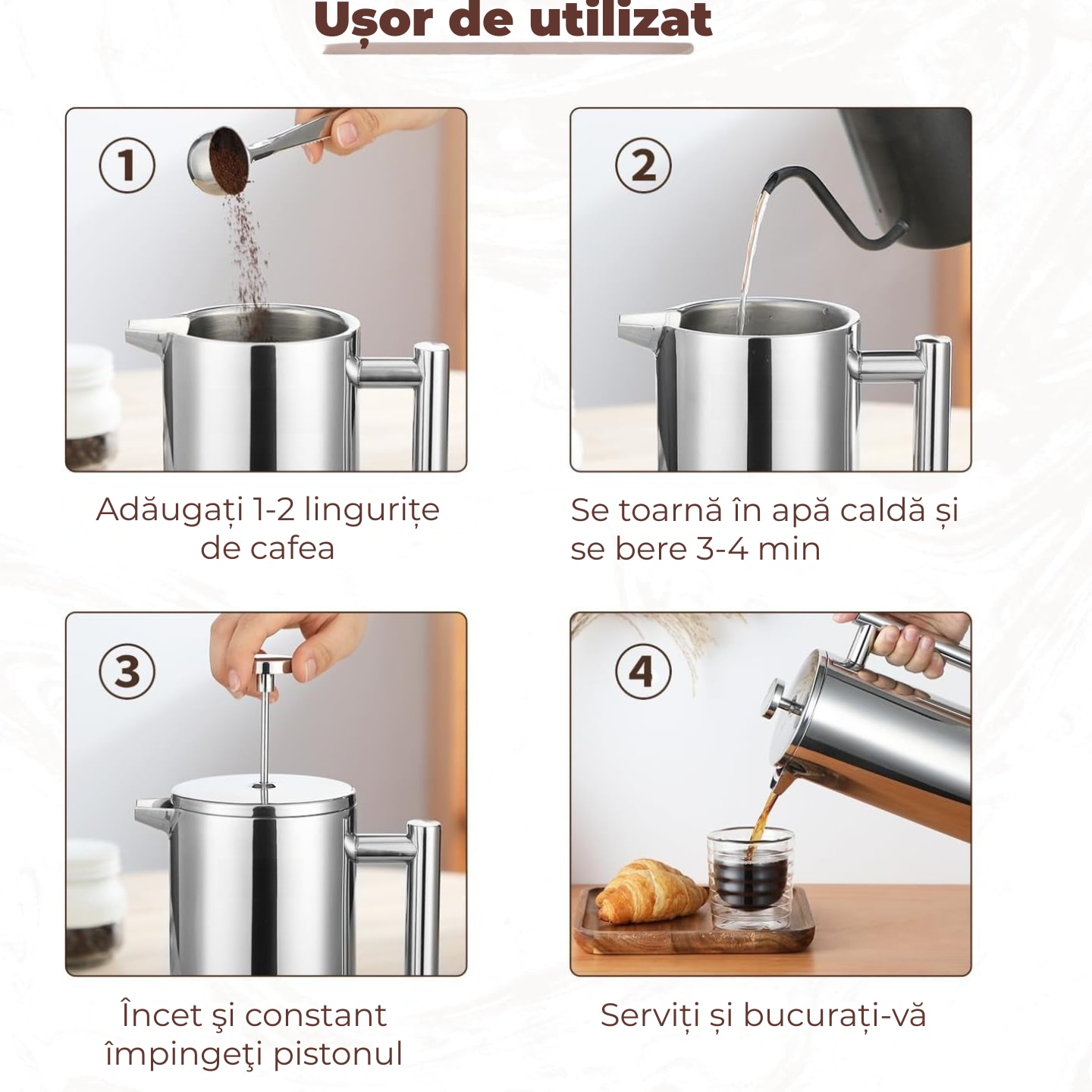 Cafetiera French Press din Otel Inoxidabil, 1000ml, Izolata cu Perete Dublu - pentru Cafea si Ceai, Filtru 3 Straturi cu 4 Filtre Aditionale si Lingurita, Design Durabil pentru Outdoor, Birou si Casa