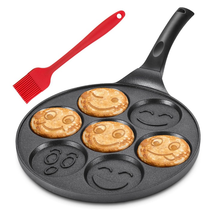 Тиган за палачинки Има седем модела на усмихнато лице, Zggzerg, Незалепващо покритие, С четка, разглобяема дръжка, За обикновена готварска печка, Ергономичен дизайн, Алуминиева сплав, Диаметър 26 см, Черен