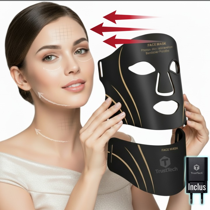 Masca Faciala LED, TrustTech®, Masca Faciala Fototerapie, 210+99 LED-uri, 7 Culori, Anti-Rid si Anti-Acnee, Pentru Fata si Gat, Stimuleaza Colagenul, Reduce Petele Pigmentare, Rejuvenare si Albire, Reincarcabila USB 1200mAh, Incarcator Inclus, Negru