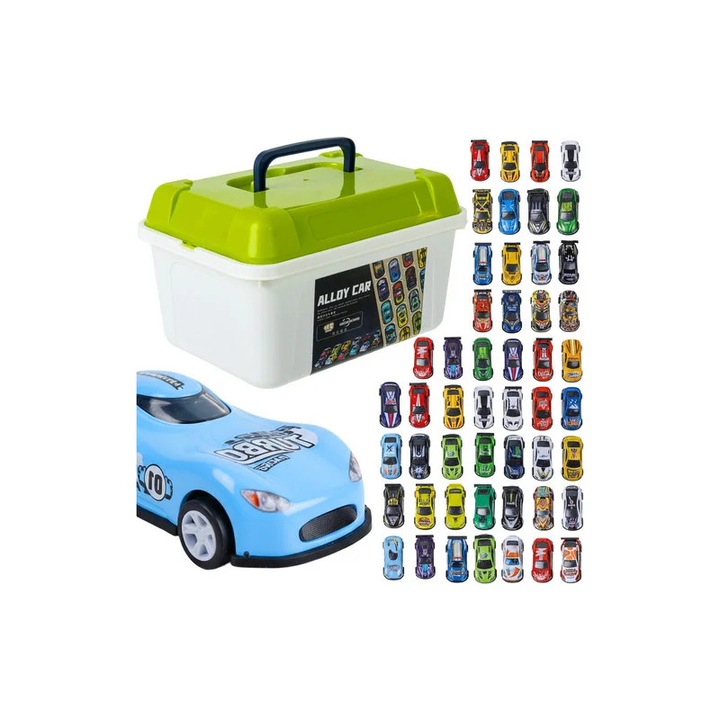 Set de 50 masinute metalice pullback, organizator cu maner, 23.5x16.5x14 cm, multicolor