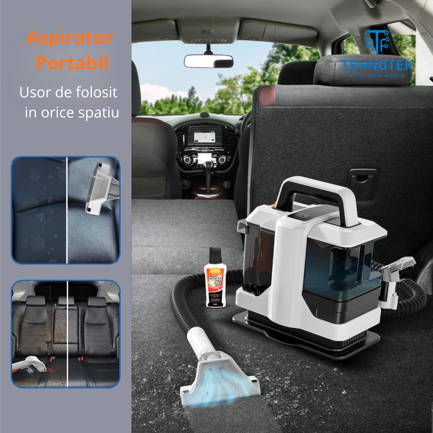 Aspirator cu spalare TehnoTek, Motor 650W, Perie sub presiune, Putere 15000kPa, Rezervor Dublu 1080ML + 800ML, Compact, Potrivit pentru curatare canapea, fotolii, mocheta, tapiterie auto