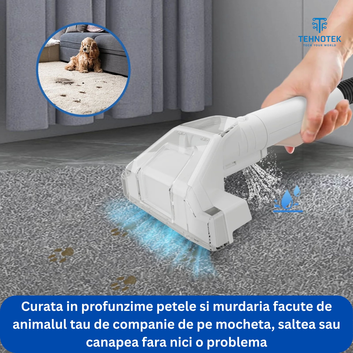 Aspirator cu spalare TehnoTek, Motor 650W, Perie sub presiune, Putere 15000kPa, Rezervor Dublu 1080ML + 800ML, Compact, Potrivit pentru curatare canapea, fotolii, mocheta, tapiterie auto