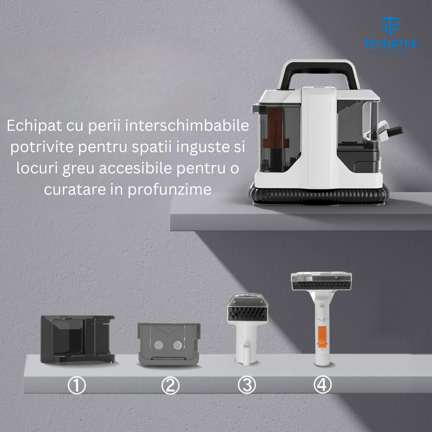 Aspirator cu spalare TehnoTek, Motor 650W, Perie sub presiune, Putere 15000kPa, Rezervor Dublu 1080ML + 800ML, Compact, Potrivit pentru curatare canapea, fotolii, mocheta, tapiterie auto
