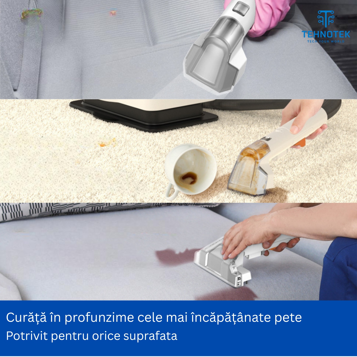 Aspirator cu spalare TehnoTek, Motor 650W, Perie sub presiune, Putere 15000kPa, Rezervor Dublu 1080ML + 800ML, Compact, Potrivit pentru curatare canapea, fotolii, mocheta, tapiterie auto