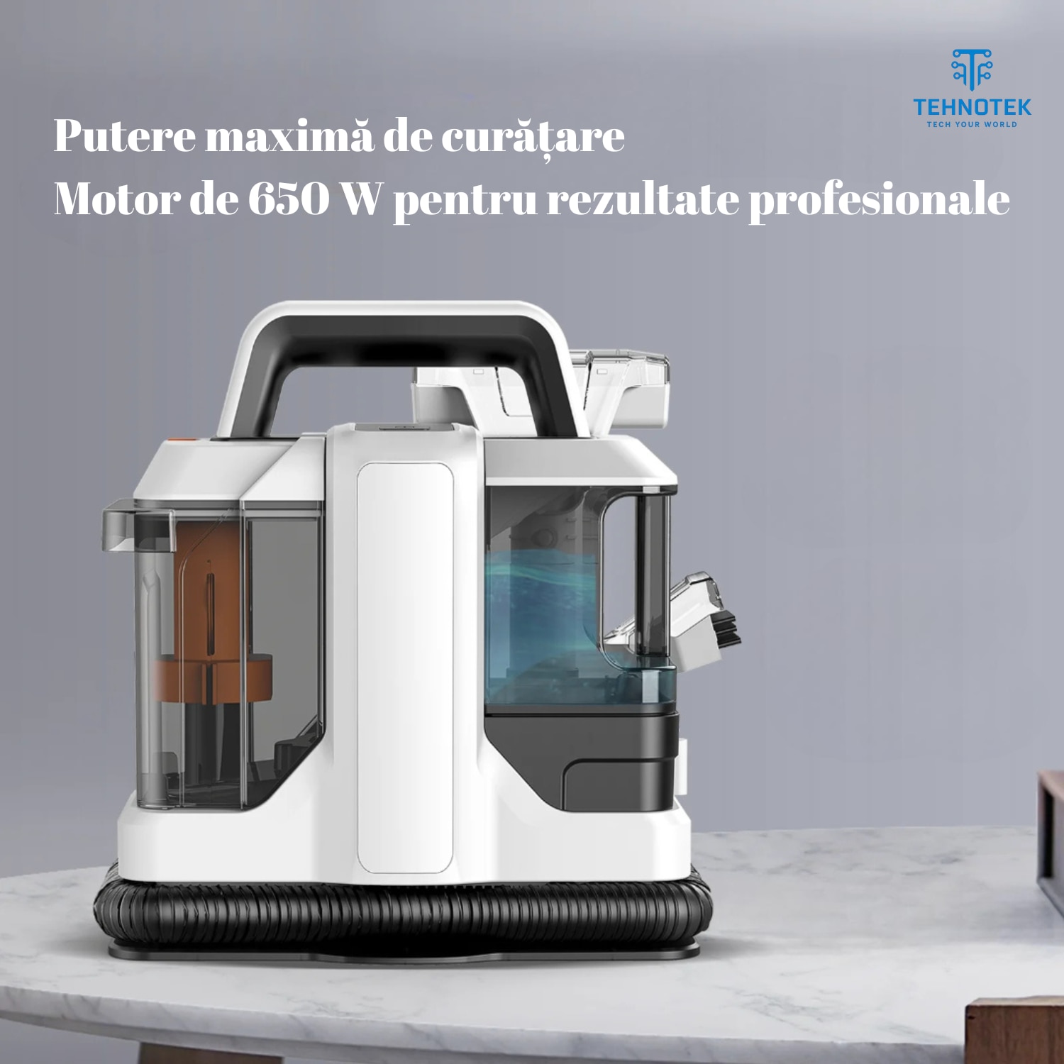 Aspirator cu spalare TehnoTek, Motor 650W, Perie sub presiune, Putere 15000kPa, Rezervor Dublu 1080ML + 800ML, Compact, Potrivit pentru curatare canapea, fotolii, mocheta, tapiterie auto