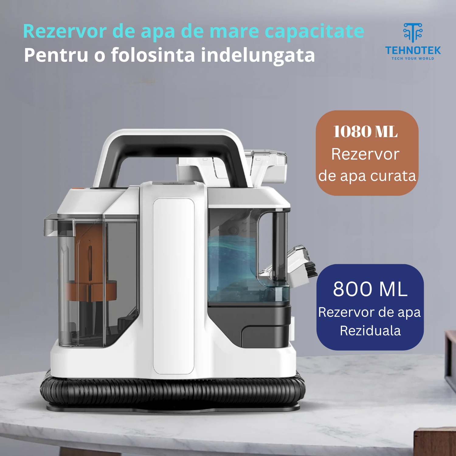 Aspirator cu spalare TehnoTek, Motor 650W, Perie sub presiune, Putere 15000kPa, Rezervor Dublu 1080ML + 800ML, Compact, Potrivit pentru curatare canapea, fotolii, mocheta, tapiterie auto