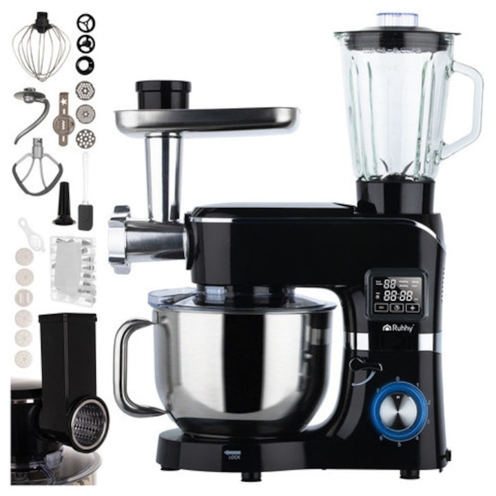 Кухненски робот 3 в 1 Ruhhy, 2300w, 6,2L купа от неръждаема стомана, с миксер, блендер и месомелачка, черен