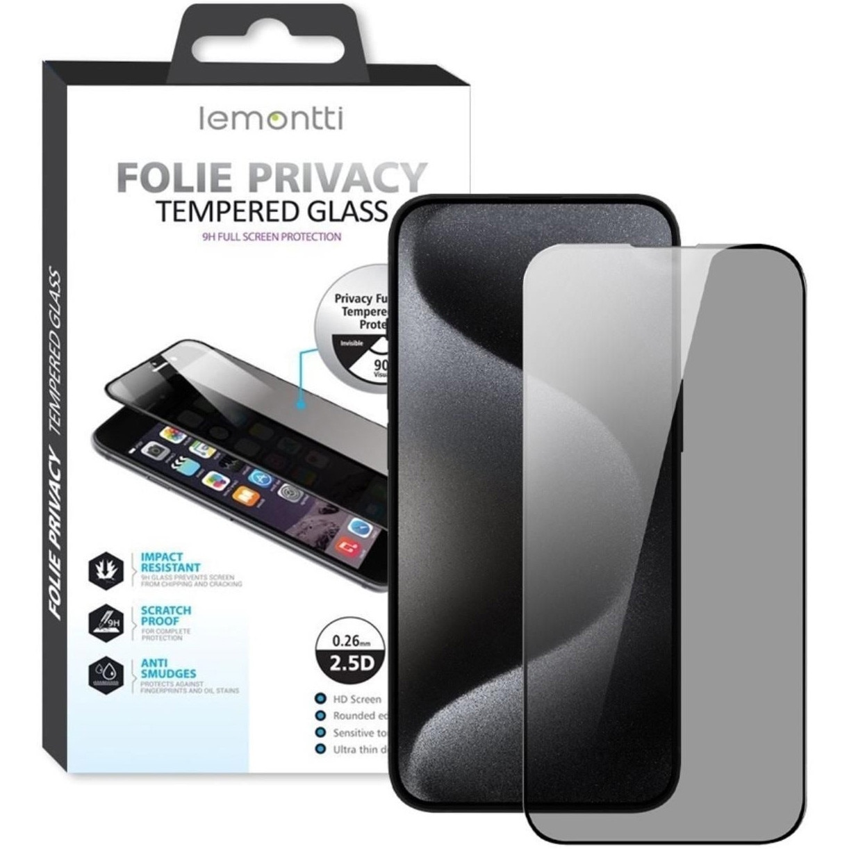 Folie de protectie din Sticla Lemontti Privacy Full Fit pentru iPhone 17 / iPhone 17 Pro / 16 Pro, Negru